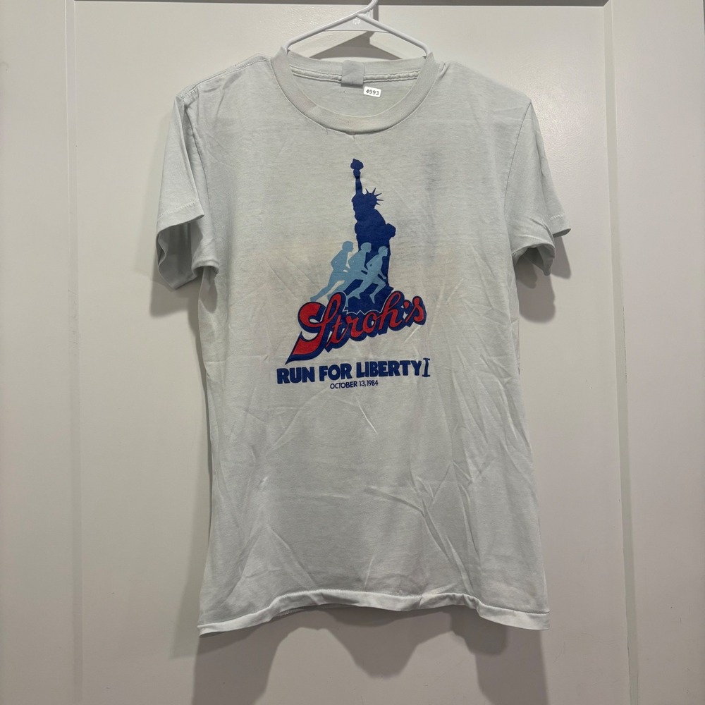 Vintage 1984 Strohs Run For Liberty I Shirt Sportswear Brooks 50/50 Large White